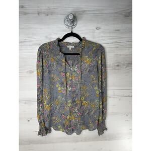 alex & lili Blouse Womens Medium Gray Floral Smocked Cuffs Split‎ Neck Peasant